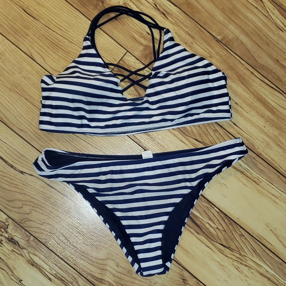 Navy & white Striped bikini set
